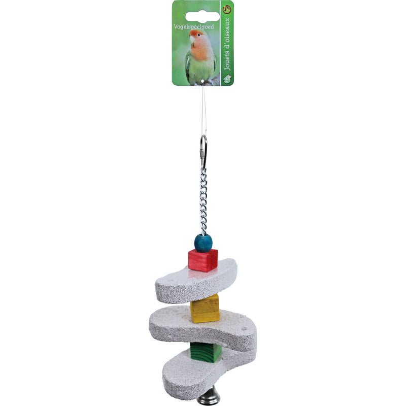 Vogelspeelgoed Boon klos hout met 3x ovaal puimsteen en metalen bel, 32 cm.
