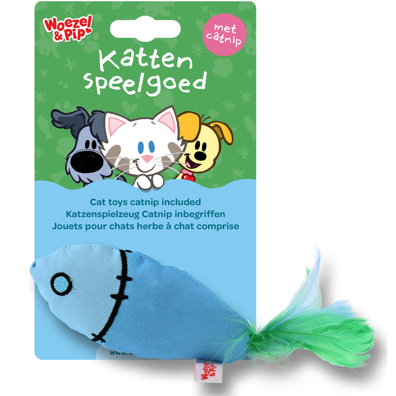 Kattenspeelgoed speeltjes Woezel en Pip Ritselvis+veren=catnip blauw 25 cmpie)
