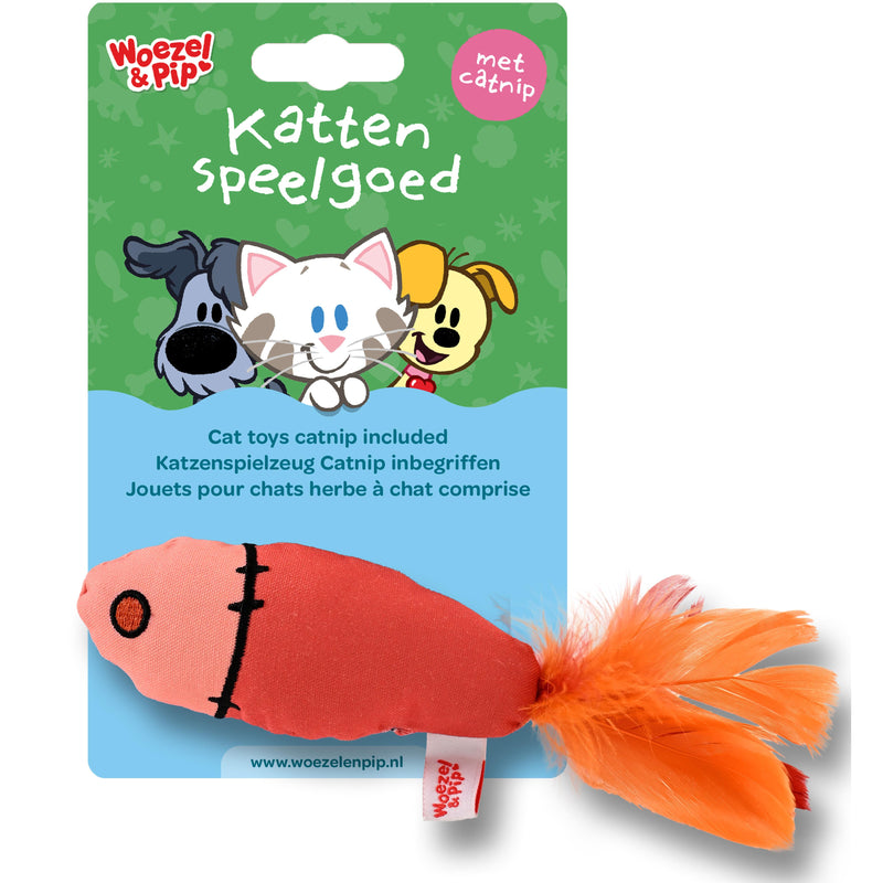 Kattenspeelgoed speeltjes Woezel en Pip Ritselvis+veren=catnip rood 25 cm