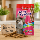 Katten snoepjes snackjes Sanal kat soft sticks zalm en forel, pak a 3 stuks.