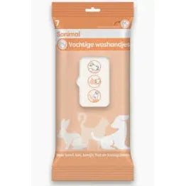 SANIMAL Vochtige washandjes ( 7 stuks )  Snelle gemakkelijke reiniging /Handig mee te nemen onderweg/Voor een glanzende vacht/Zachte verzorging.
