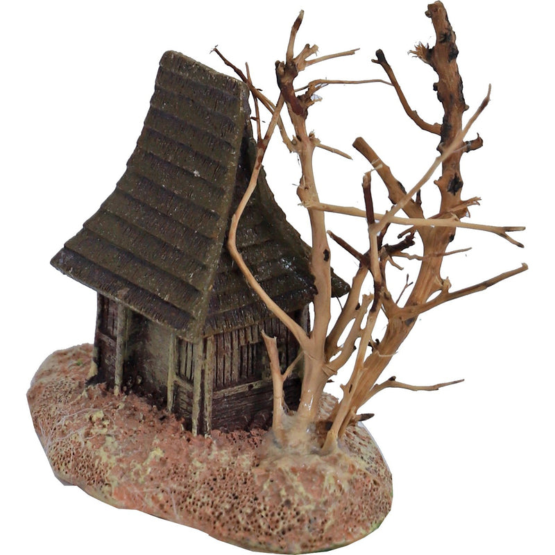 Boon aqua deco ornament polyresin huis met houten boom, 9 cm.