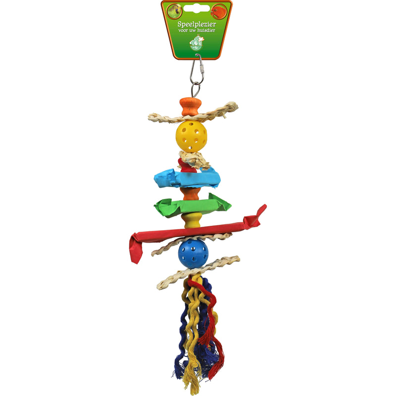 Vogelspeelgoed Raffia met bal, papier en kat, 40 cm.