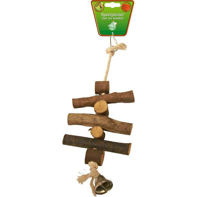 Houten vogelspeelgoed 7x klos met touw en bel, 33 cm - Dierplezier.nl