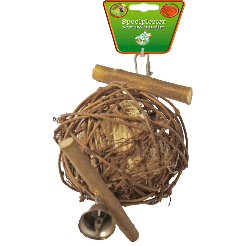 Vogelspeelgoed stok hout met bal en bel 'L', 22 cm.