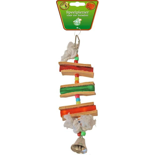Vogelspeelgoed houten ladder met leer en bel, 19 cm. - Dierplezier.nl