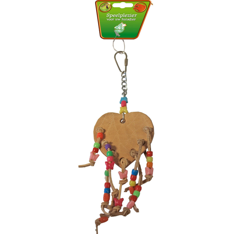 Vogelspeelgoed hart leer met kralen, 18 cm.