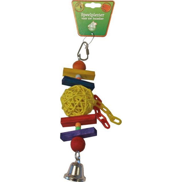 Vogelspeelgoed rattan bal met stok en bel, 20 cm - Dierplezier.nl