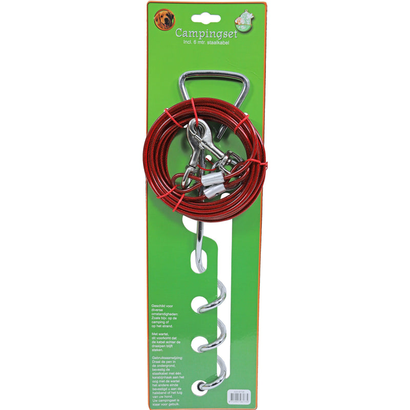 Lange lijnen Boon Campingset draaipen glans verzinkt 40 cm met 6 meter staalkabel.