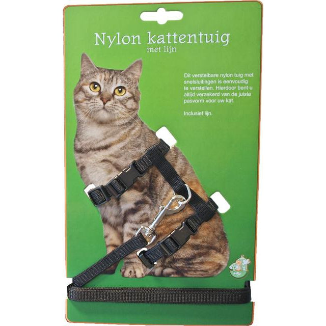 Boon Volwassen Nylon katten tuig met lijn, zwart. - Dierplezier.nl